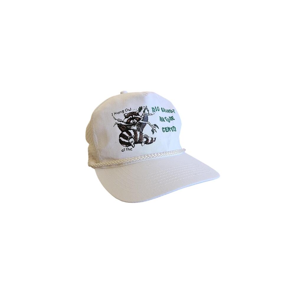 Racoon Hat, Rio Grande Nature Center Cap, Golf Rope, White Snapback 1980s